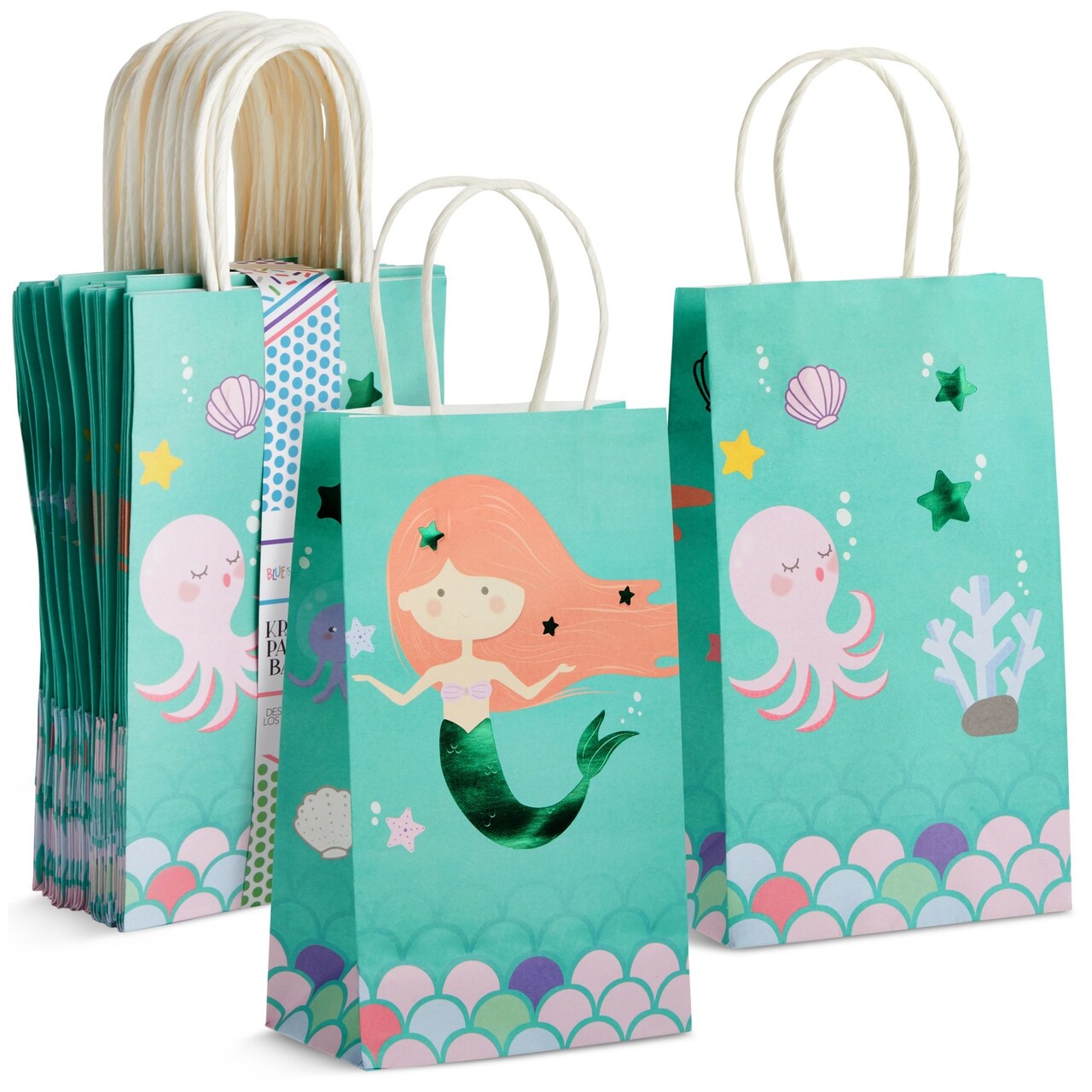 24 Pack Mermaid Gift Bags with Handles for Party Favors, Goodies, Treats (5.3 x 3.2 x 9 In)